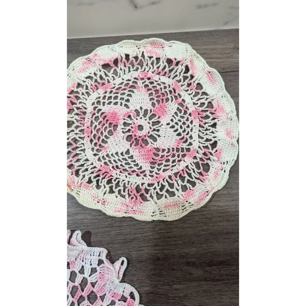 Vintage Hand-Crocheted Pink & White Doilies Set Of 3 Floral & Lace Design 10-12